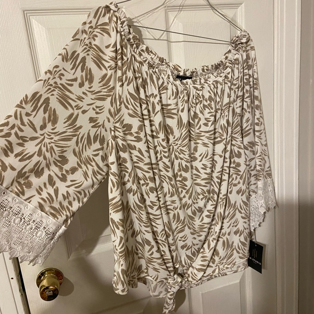 Boho Tie-Front Off-Shoulder Top in Tan and Cream